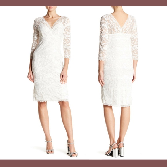 NWT $149 Marina‎ 3/4 Sleeve Tiered Sequin Lace Dress in Ivory [SZ 8 ] - Picture 1 of 8
